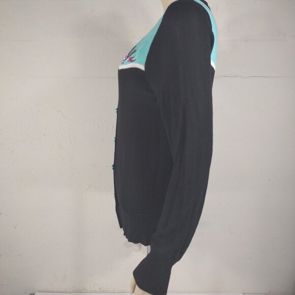 Too Fast black teal embroidered birds button front cardigan sweater ladies Large - Picture 8 of 10